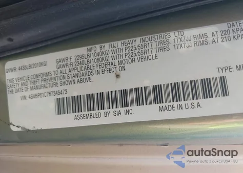 2006 Subaru Outback 2.5I from USA, damaged, VIN 4S4BP61C767345473